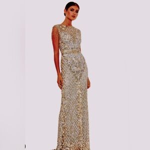 NEW Mac Duggal 16 4908 High Neck Sleeveless Beaded Fringe Gown 598 Platinum Gold